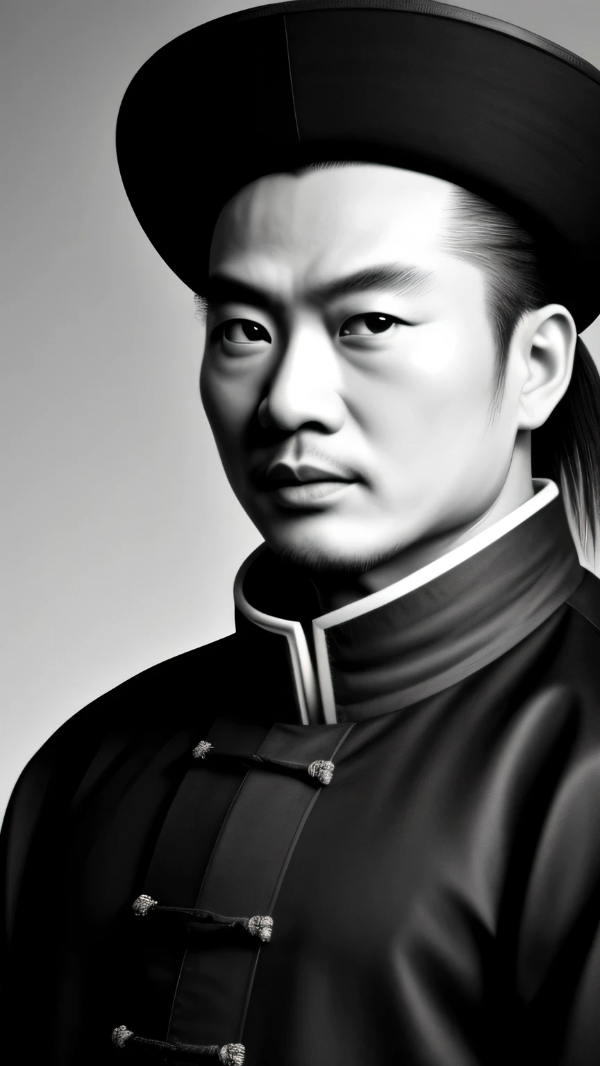 ((Obra de arte)),((mais alta qualidade)),((Alto detalhe)), Zhuge Liang Kong Ming,retrato preto e branco,O fundo é cinza escuro