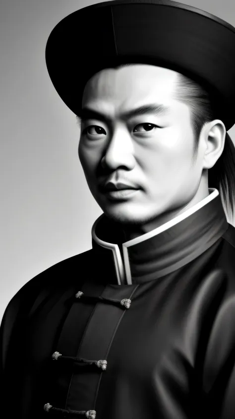 ((masterpiece)),((highest quality)),((high detail)), Zhuge Liang Kong Ming,black and white portrait,The background is dark gray
