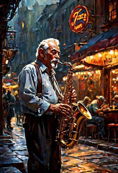 1 old man、Saxophonist、jazz player、deep shadows、Oil painting style、jazz bar background、 dramatic lighting, extremely realistic, 8...