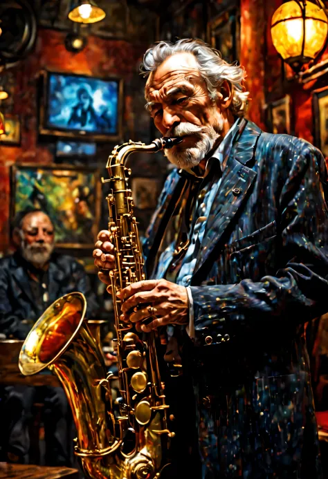1 old man、Playing with puffed out cheeks、Saxophonist、jazz player、deep shadows、Oil painting style、jazz bar background、 dramatic l...