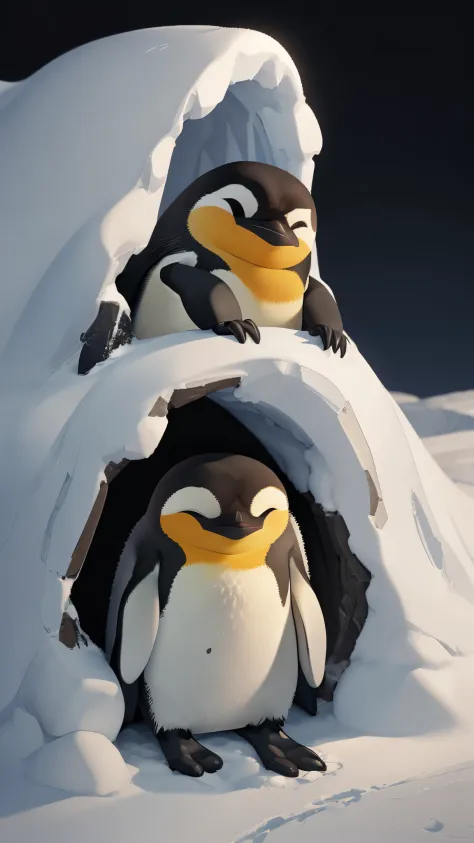 it's late at night，1 pcs，Cute emperor penguin closes eyes，Sleeping in a warm snow cave, front view，close up, Pixar style, best quality, stills, very cute，at night，Night's，very cute的, sleeping emperor penguin，high detail，Super details，high quality, masterpi...