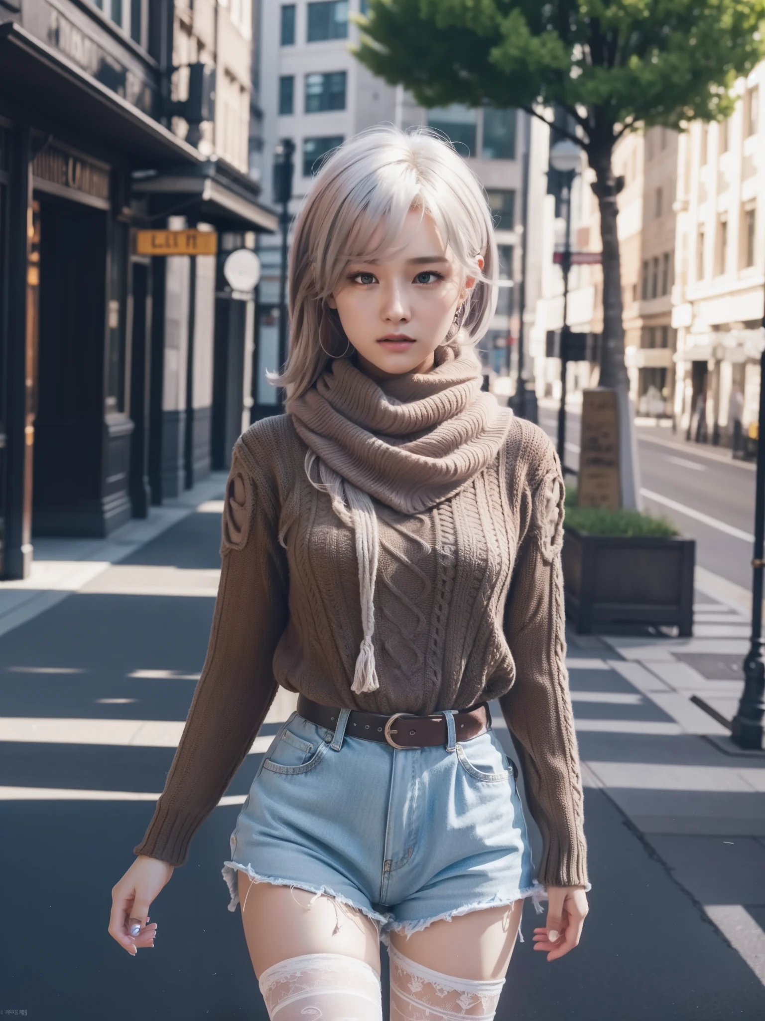 Highly detailed CG Unity 8K wallpaper, top quality, super detailed, High resolution，city、Beautiful teenage girl，lace pantyhose，random color，long sweater，scarf，Depth of bounds written，real light，ray tracing，OC renderer，UE5 renderer，surreal，best quality，8K，works of masters，super fine，fine pubic hair，correct anatomy