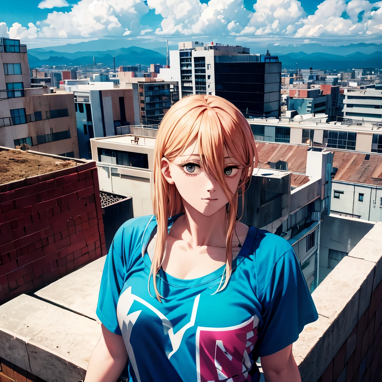 power 1 beautiful and perfect body chainsaw man girl sitting on the terrace floor of a roofless building with a clear blue sky, relaxing and the city in the background, Power is wearing a white short-sleeved shirt