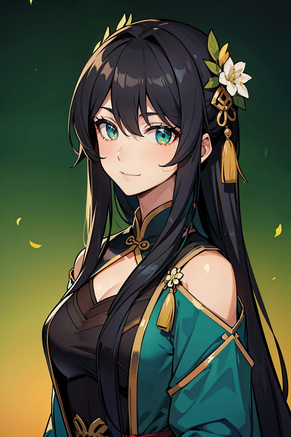 (high-quality, breathtaking),(expressive eyes, perfect face) portrait, 1girl, female, solo, adult woman, age late 20's, black hair, green yellow eye color, long hair length, soft wavy hair, gentle smile, loose hair, side bangs, looking at viewer, portrait, happy expression, fantasy clothing, elegant, mature, height 5"6, Chinese attire, eastern oriental clothes, Ruan Mei inspired outfit, Jing Liu inspired outfit, clothing palette color black blue and green