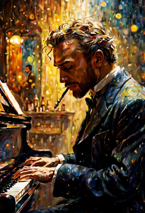 1 young man、playing jazz piano、eyes closed、jazz piano player、deep shadows、Oil painting style、jazz bar background、 dramatic lighting, extremely realistic, 8k,
insane details, intricate, bokeh, taken with a 60mm lens, ISO 300, f/4, 1/200th,
vivid colors, by ...