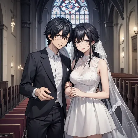 a man in a black suit holding the hand of a woman (eye red), big boobs, in a white wedding outfit in a church, smiling, perfect ...