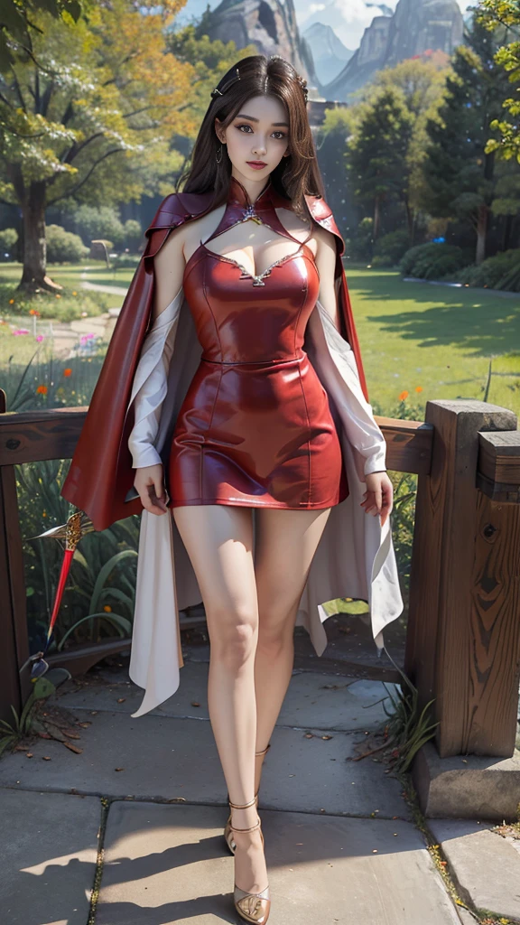 Woman in red silver dress, Immersive art station, torrent scene, ศิลปะFantasyที่มีรายละเอียด, Amazing character art, Excellent and neat character art, beautiful armor, very detailed, red armor girl, Exquisite headdresses and ornaments, (best quality, 10, Masterpiece :1.3), (realistic, ภาพrealistic: 1.37), (1 girl), (Beautiful women between the ages of 18-20), (thin), (Focus on the slender abdomen.. :1.3), (Korea), (Pastel colored leather dress, Long red leather cloak, Long red leather cloak, Show your arms and shoulders., white leather skirt, short leather skirt, Emphasize her legs., High groove,), (รองเท้าHeel Height), (Random pose), Huge breasts, exposed cleavage, ((dark brown hair, long hair)), exquisite face, Open the show, Fantasy, Slender figure, Very smooth face, Good eyes, Double eyelids, (long hair, Random hairstyles), (big girl :1.3), (outdoor), (Extraordinarily detailed face), (Detailed eyes), (Double eyelids), (Eyeshadow makes eyelashes look thicker.......), obscure, (Long legs, Heel Height), (((Whole body))), (professional lighting), (Photon mapping), (Radiation), Carrying a giant sword, large sword, Big Sword, (Look directly at the audience.....), Meadow scene, mountain, cave mouth, stone, big tree