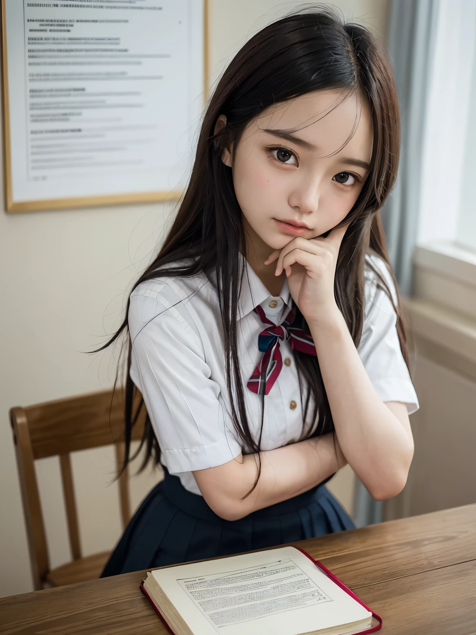 Arafed asian girl in a school uniform sitting at a table with a book ...