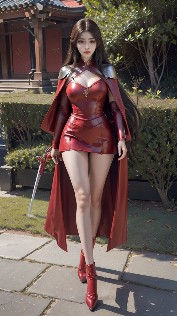 Woman in red silver dress, Immersive art station, torrent scene, ศิลปะFantasyที่มีรายละเอียด, Amazing character art, Excellent and neat character art, beautiful armor, very detailed, red armor girl, Exquisite headdresses and ornaments, (best quality, 10, Masterpiece :1.3), (realistic, ภาพrealistic: 1.37), (1 girl), (Beautiful women between the ages of 18-20), (thin), (Focus on the slender abdomen.. :1.3), (Korea), (Pastel colored leather dress, Long red leather cloak, Long red leather cloak, Show your arms and shoulders., white leather skirt, short leather skirt, Emphasize her legs., High groove,), (รองเท้าHeel Height), (Random pose), Huge breasts, exposed cleavage, ((dark brown hair, long hair)), exquisite face, Open the show, Fantasy, Slender figure, Very smooth face, Good eyes, Double eyelids, (long hair, Random hairstyles), (big girl :1.3), (outdoor), (Extraordinarily detailed face), (Detailed eyes), (Double eyelids), (Eyeshadow makes eyelashes look thicker.......), obscure, (Long legs, Heel Height), (((Whole body))), (professional lighting), (Photon mapping), (Radiation), red armor girl, red armor girl, Carrying a giant sword, large sword, Big Sword, (Look directly at the audience.....), Meadow scene, mountain, cave mouth, stone, big tree