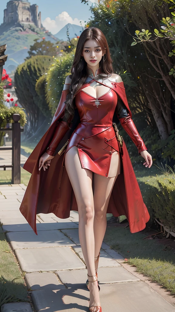 Woman in red silver dress, Immersive art station, torrent scene, ศิลปะFantasyที่มีรายละเอียด, Amazing character art, Excellent and neat character art, beautiful armor, very detailed, red armor girl, Exquisite headdresses and ornaments, (best quality, 10, Masterpiece :1.3), (realistic, ภาพrealistic: 1.37), (1 girl), (Beautiful women between the ages of 18-20), (thin), (Focus on the slender abdomen.. :1.3), (Korea), (Pastel colored leather dress, Long red leather cloak, Long red leather cloak, Show your arms and shoulders., white leather skirt, short leather skirt, Emphasize her legs., High groove,), (รองเท้าHeel Height), (Random pose), Huge breasts, exposed cleavage, ((dark brown hair, long hair)), exquisite face, Open the show, Fantasy, Slender figure, Very smooth face, Good eyes, Double eyelids, (long hair, Random hairstyles), (big girl :1.3), (outdoor), (Extraordinarily detailed face), (Detailed eyes), (Double eyelids), (Eyeshadow makes eyelashes look thicker.......), obscure, (Long legs, Heel Height), (((Whole body))), (professional lighting), (Photon mapping), (Radiation), red armor girl, red armor girl, Carrying a giant sword, large sword, Big Sword, (Look directly at the audience.....), Meadow scene, mountain, cave mouth, stone, big tree