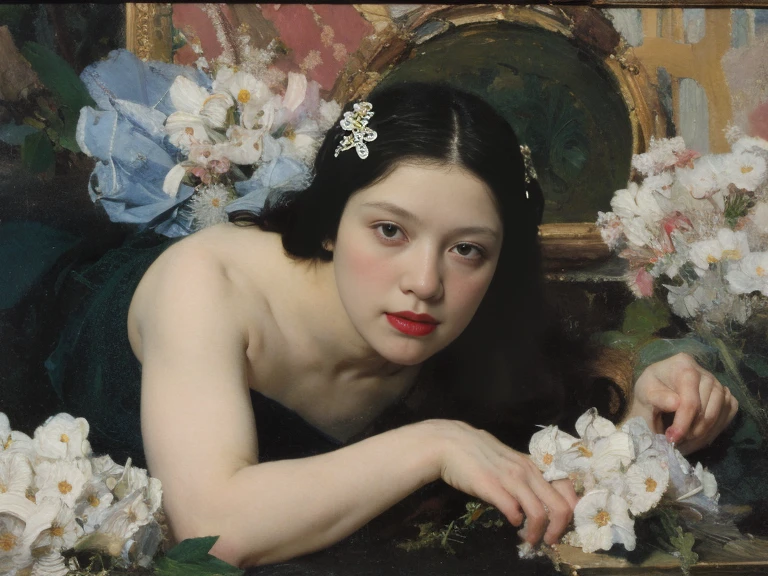 (Pintura a óleo:1.5),
\\
uma mulher com longos cabelos pretos e flores brancas no cabelo está deitada em um campo de flores brancas, (Amy Sol:0.248), (Stanley Artgerm Lau:0.106), (uma pintura detalhada:0.353), (arte gótica:0.106) expressionismo abstrato dourado e o museu de arte 