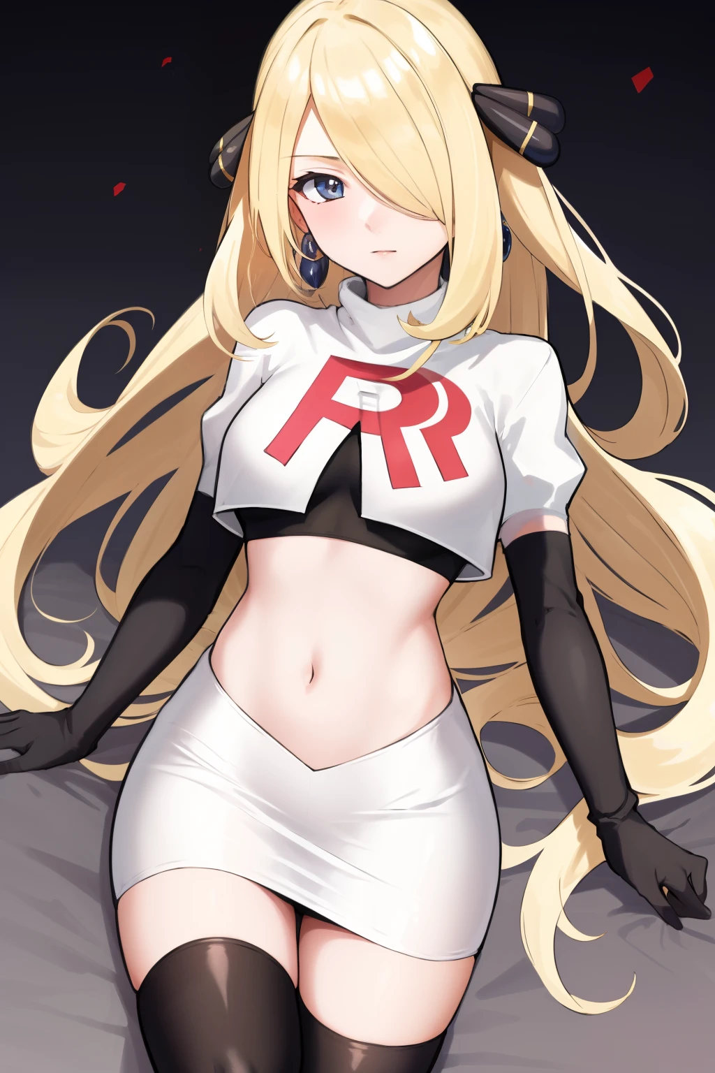 cynthia (pokemon), 1girl, solo ,blonde hair, blue eyes ,hair covering one eye, hair ornament ,earings ,team rocket uniform, red letter R, white skirt,white crop top,black thigh-highs, black elbow gloves, 