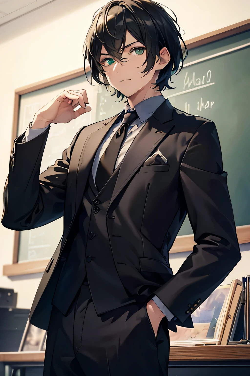 Anime character dressed in a suit and tie standing in front of a chalkboard  - SeaArt AI