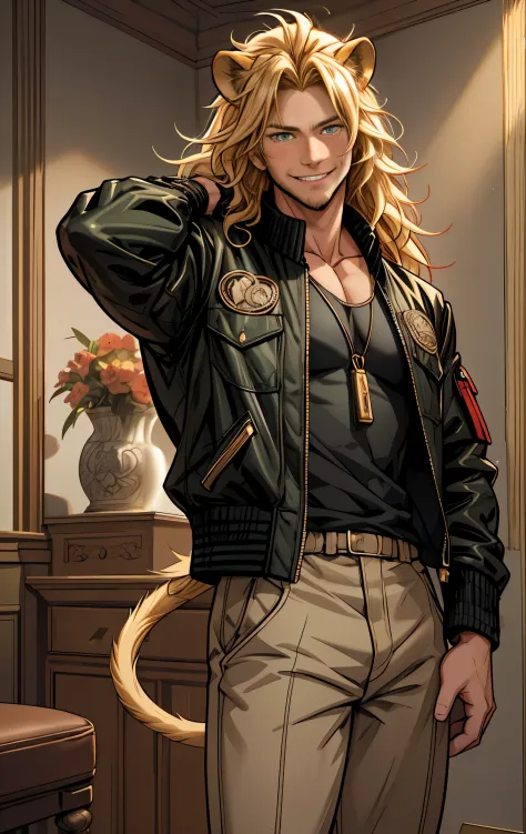 One male, lion ears, long hair, blond, blond hair, green eyes, tall, muscular, black bomber jacket, highest quality, masterpiece...
