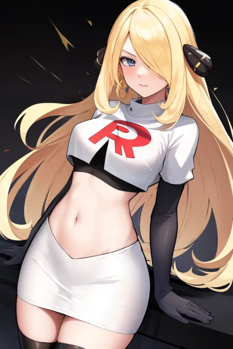 cynthia (pokemon), 1girl, solo ,blonde hair, blue eyes ,hair covering one eye, hair ornament ,earings ,team rocket uniform, red ...