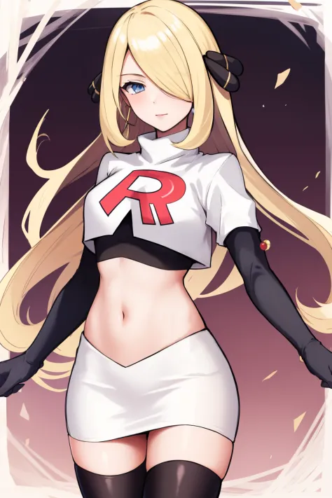 cynthia (pokemon), 1girl, solo ,blonde hair, blue eyes ,hair covering one eye, hair ornament ,earings ,team rocket uniform, red ...