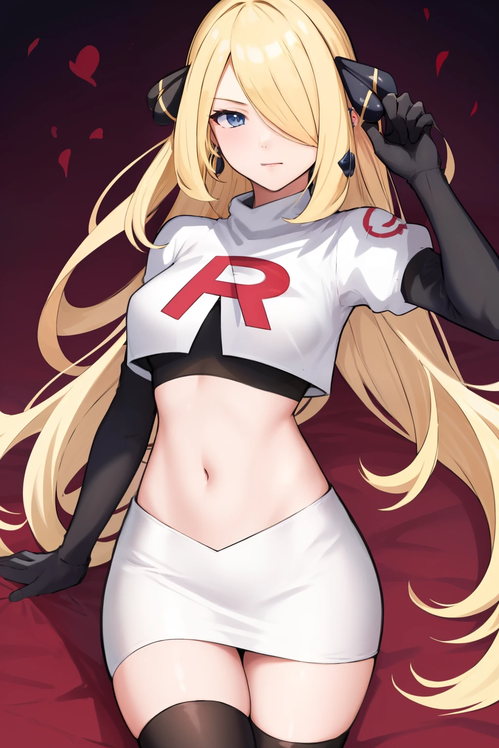 cynthia (pokemon), 1girl, solo ,blonde hair, blue eyes ,hair covering one eye, hair ornament ,earings ,team rocket uniform, red letter R, white skirt,white crop top,black thigh-highs, black elbow gloves, 