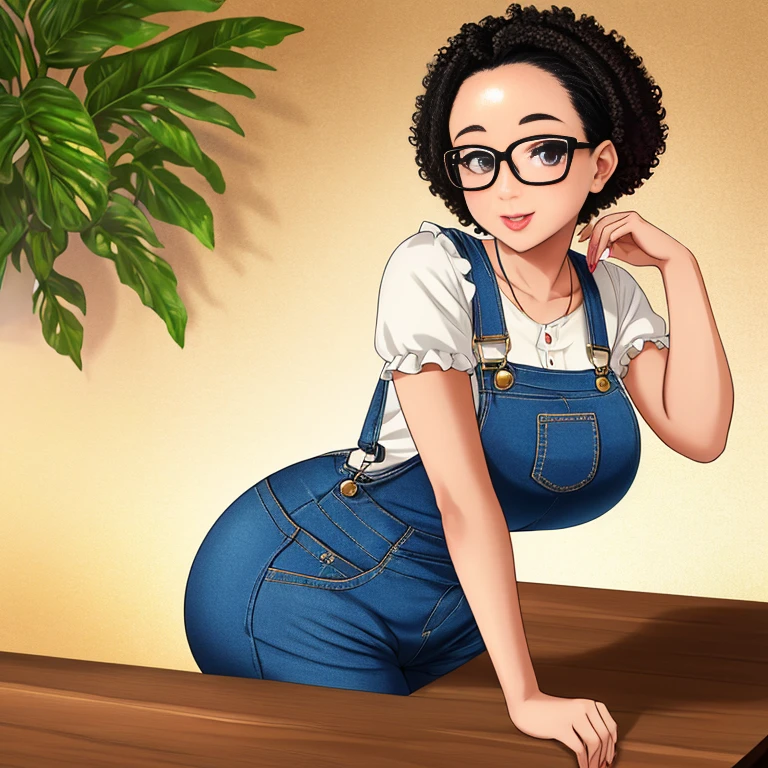 table top, highest quality:1.2),detailed face, Detailed inner corner of the eye、Glasses、Afro、short haired、very short hair、habitual hair、curly hair、Forehead、big breasts, Sexy ass, whole, overalls、frills、ribbon