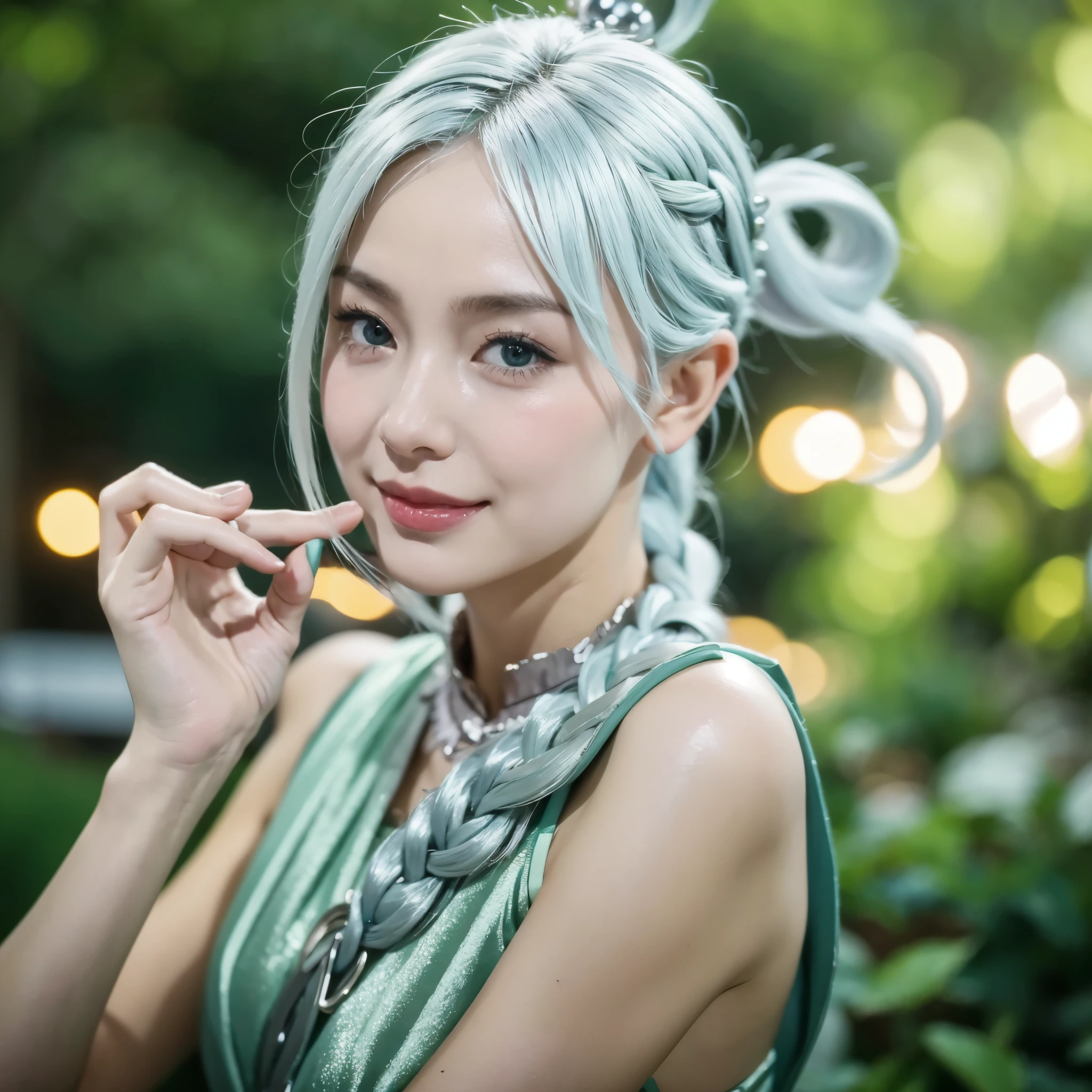 a man，silver medium short hair，There is a small highlighted light green braid on the left and right sides.，The eyes are warm and blurry, with some charm，Greet you with a smile，The fingers are white and slender，The skin is too good to be true，Fairy-like temperament。