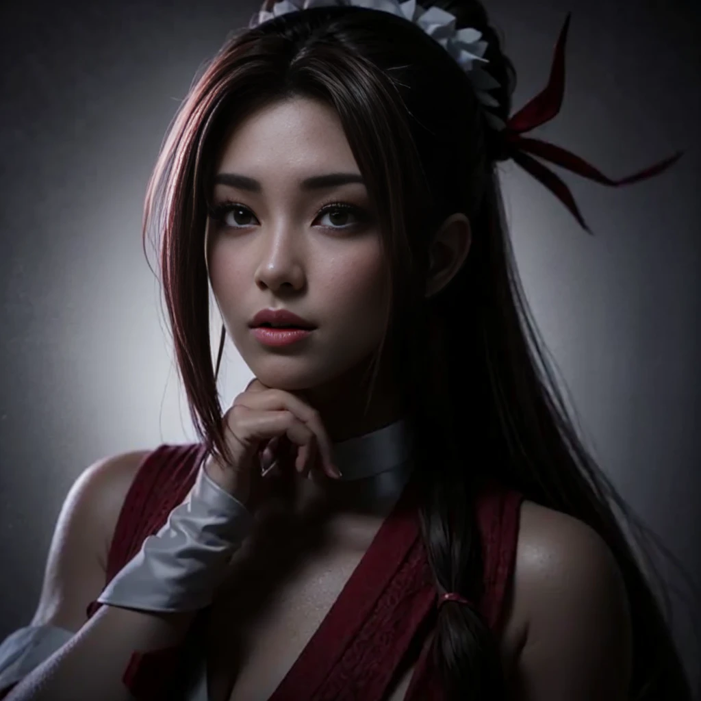 Mai Shiranui, visage beau et calme. Yeux ivoire, petit nez, sourcils parfaitement arqués, et mineur. Elle a les cheveux attachés en tresse, et un bracelet ras du cou fixant les fils. un éclat particulier, comme radieux. Les cils sont longs et beaux, long cils, et l&#39;oeil a une forme légèrement asiatique. Le visage est impeccable et sans rides, et semble être petit et attrayant. Son nez est petit et droit, dans une forme parfaite. Ta bouche est petite, avec des lèvres un peu épaisses. Ses longs cheveux bruns sont attachés en tresse, avec quelques mèches lâches autour du front. Ton visage est illuminé par le soleil, c&#39;est en train de télécharger, Et tu as un scintillement séduisant dans tes yeux. Elle a la peau claire, mais une très belle brillance, Et ça brille avec le soleil. La peau semble bien soignée, et ça a l&#39;air doux, comme si c&#39;était soyeux. a un visage ovale, aux joues rondes et légèrement rouges. Votre menton est droit et attrayant, Et tu as une légère rougeur sur tes joues. Votre visage est parfaitement ajusté, Et tu en as deux jolis, mâchoires bien arrondies. Tes yeux ressortent, expression sérieuse