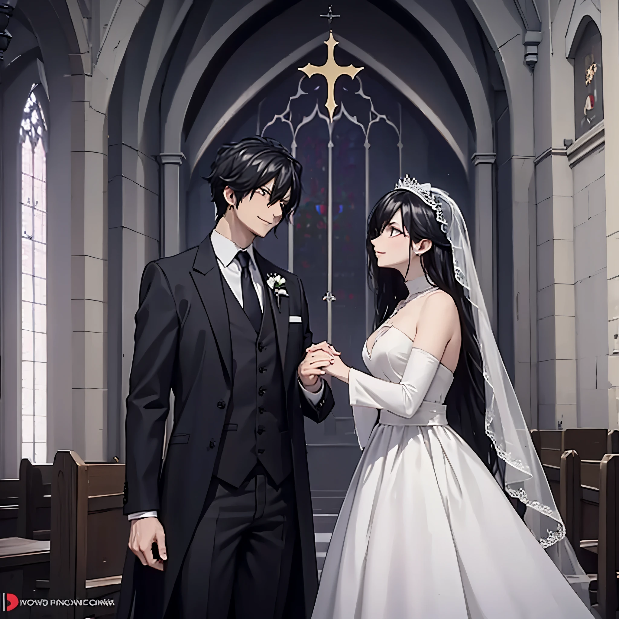 رجل يرتدي بدلة سوداء يمسك بيد امرأة (العين الحمراء), في ثوب الزفاف الأبيض في الكنيسة, يبتسم, ملامح مثالية وجه مثالي
