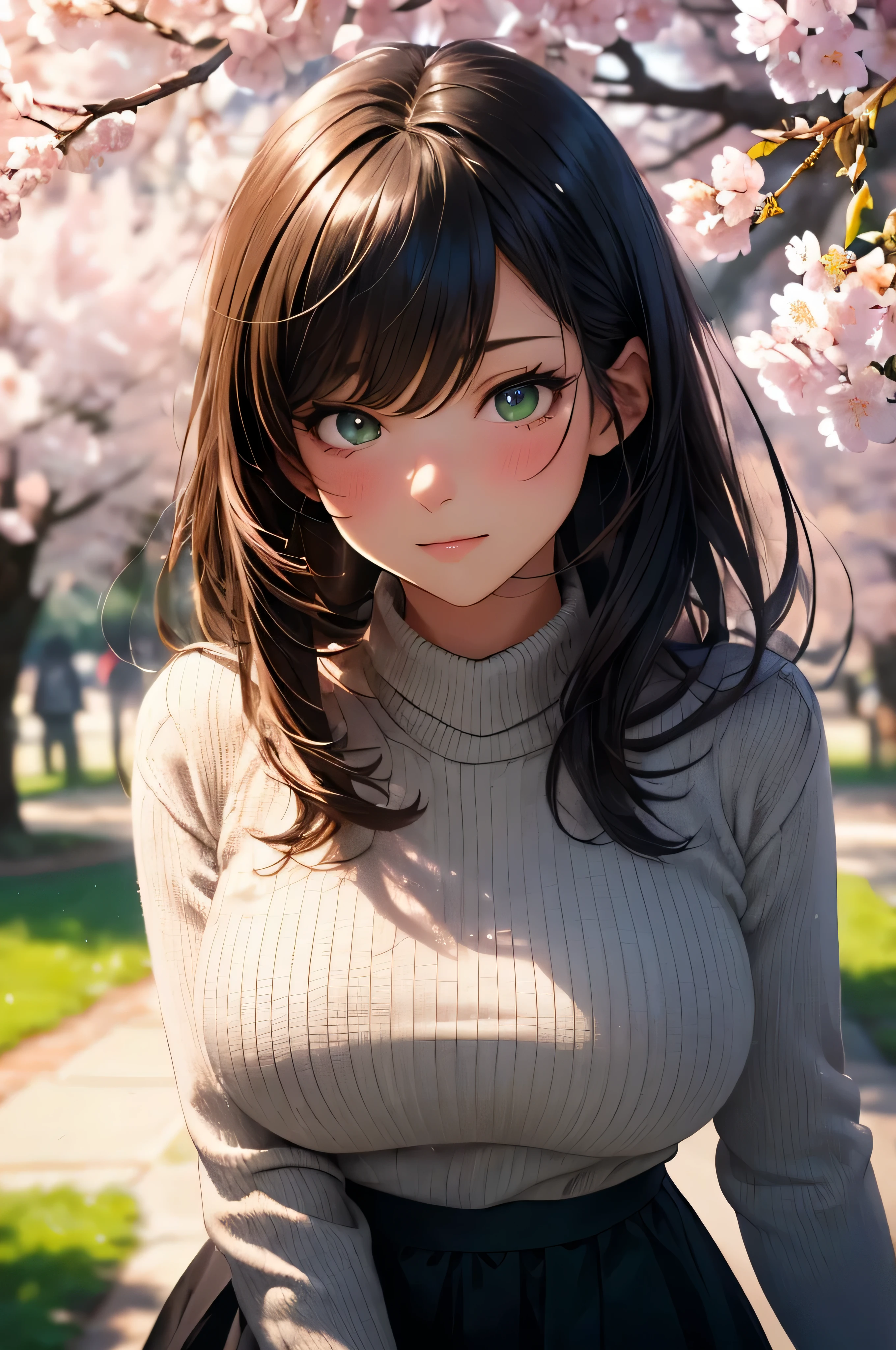 ((masutepiece, Best Quality, hight resolution, nffsw, Perfect Pixel, depth of fields, 4K, nffsw, nffsw))), 1girl in, Single, Solo, Beautiful anime girl, Beautiful Art Style, Anime Character, ((Long hair, Bangs, Brown hair)), ((Green eyes:1.4, rounded eyes, Beautiful eyelashes, Realistic eyes)), ((Detailed face, Blushing:1.2)), ((Smooth texture:0.75, Realistic texture:0.65, Photorealistic:1.1, Anime CG style)), ((large breasts, busty)), Dynamic Angle, Perfect body, ((POV, portrait)), ((White sweater, Long sleeve, Black skirt, Fashionable)), Smile, Open mouth, college campus, ((The cherry tree, Cherry blossoms fall))