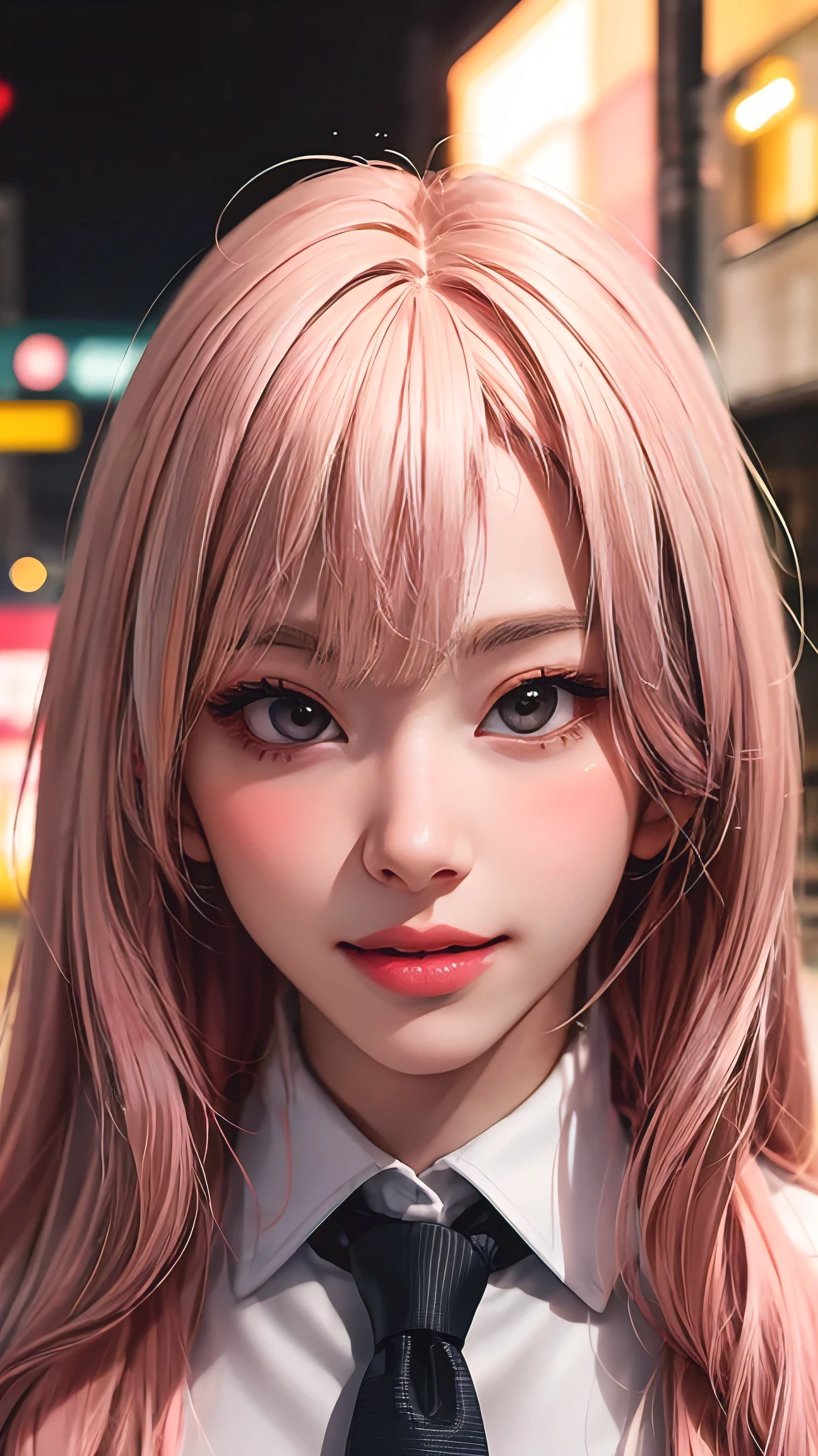 1girl, long pink hair, red horns, white collared shirt, black necktie, light smile, yellow eyes, corneo_power,, buildings,shops,town streets, dark sky, scenery,neon signs,night city, japanese lyrics,, , absurdres, detailed eyes, extremely detailed, volumetric lighting, realistic, realistic lighting, 8k, cinematic lighting, depth of field, perfect, hyper-detailed, photorealistic, ultra realistic, realistic light, hard lighting, intricate details, stop motion, tonemapping, sharp focus, hyper detailed,