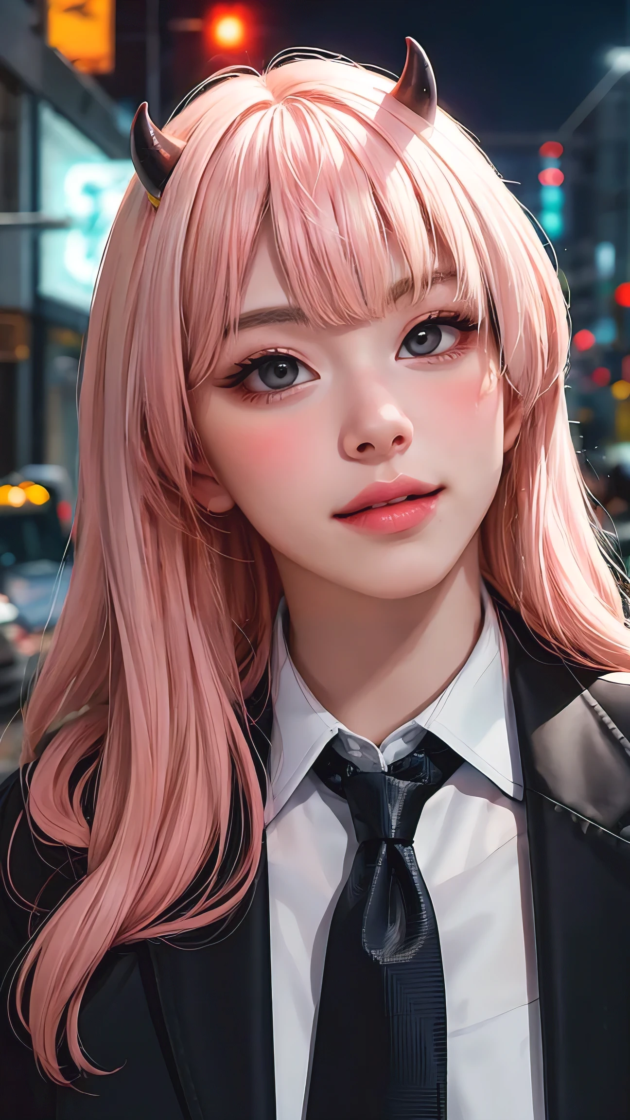 1girl, long pink hair, red horns, white collared shirt, black necktie, light smile, yellow eyes, corneo_power,, buildings,shops,town streets, dark sky, scenery,neon signs,night city, japanese lyrics,, , absurdres, detailed eyes, extremely detailed, volumetric lighting, realistic, realistic lighting, 8k, cinematic lighting, depth of field, perfect, hyper-detailed, photorealistic, ultra realistic, realistic light, hard lighting, intricate details, stop motion, tonemapping, sharp focus, hyper detailed,