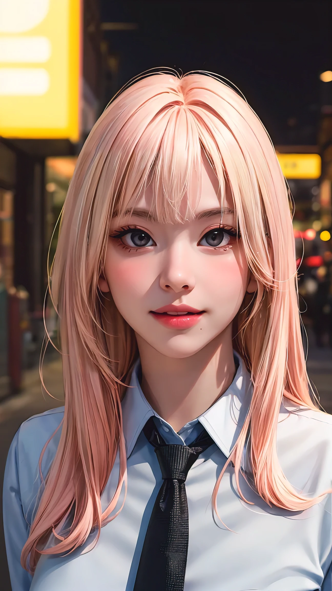 1girl, long pink hair, red horns, white collared shirt, black necktie, light smile, yellow eyes, corneo_power,, buildings,shops,town streets, dark sky, scenery,neon signs,night city, japanese lyrics,, , absurdres, detailed eyes, extremely detailed, volumetric lighting, realistic, realistic lighting, 8k, cinematic lighting, depth of field, perfect, hyper-detailed, photorealistic, ultra realistic, realistic light, hard lighting, intricate details, stop motion, tonemapping, sharp focus, hyper detailed,