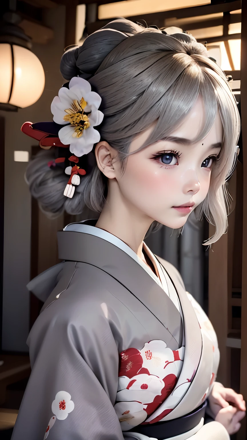 静寂の世界、解剖学、一人の女の子、とてもかわいい顔、完璧な美貌、(灰色の髪:1.5)、花の髪飾り、ふっくらとした唇、魅力的な目、((Beautiful Nishijin-ori kimono、薄紫色の着物:1.3、とても繊細な模様の着物))、美しい上半身の角度、エレガントなポーズ、ファルカスの顔、ぼやけた背景、美しい日本庭園、RAW写真、最高品質、超高品質、傑作:1.3、映画照明、プロカメラマン、50ｍｍレンズ、