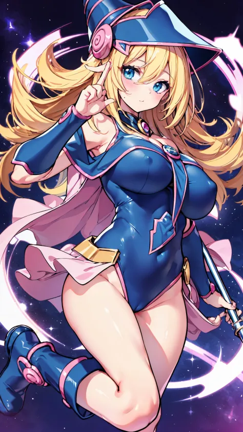 Black Magician Girl、super breasts、thick thighs、blonde hair、magic circle、8K, 4k, highest quality, High resolution: 1.2),winking、One breast exposed、cute anime face、Pink blush on cheeks、noise removal、Leotard that bites into、have a cane、Hold your cane、Rear vie...