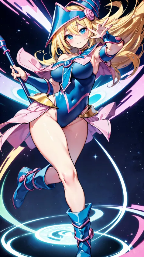 Black Magician Girl、super breasts、thick thighs、blonde hair、magic circle、8K, 4k, highest quality, High resolution: 1.2),winking、One breast exposed、cute anime face、Pink blush on cheeks、noise removal、Leotard that bites into、have a cane、Hold your cane、Rear vie...