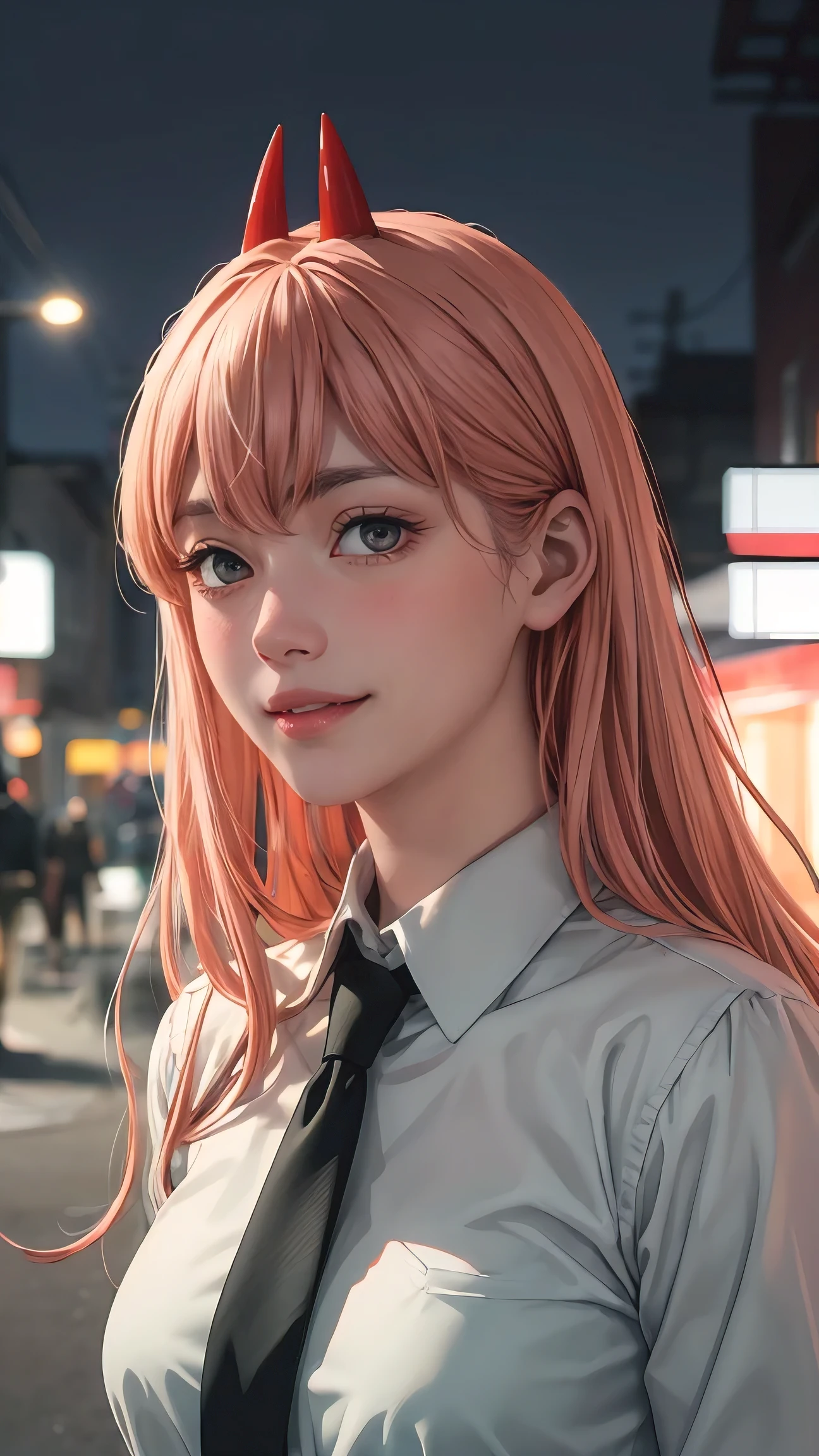 1girl, long pink hair, red horns, white collared shirt, black necktie, light smile, yellow eyes, corneo_power,, buildings,shops,town streets, dark sky, scenery,neon signs,night city, japanese lyrics,, , absurdres, detailed eyes, extremely detailed, volumetric lighting, realistic, realistic lighting, 8k, cinematic lighting, depth of field, perfect, hyper-detailed, photorealistic, ultra realistic, realistic light, hard lighting, intricate details, stop motion, tonemapping, sharp focus, hyper detailed,