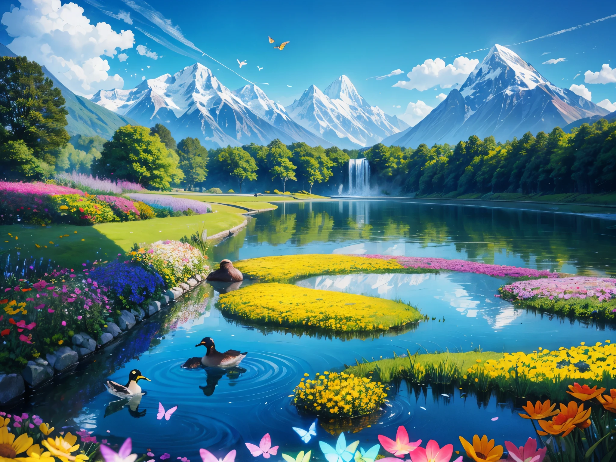 ein Feld aus bunten Blumen verschiedener Art aus glänzendem Glas mit Bergen im Hintergrund, bunte Schmetterlinge aus Glas, a waterfall, Bach und ein See, blauer Himmel, weiße flauschige Wolken, Realistische Stockenten im Bach und See