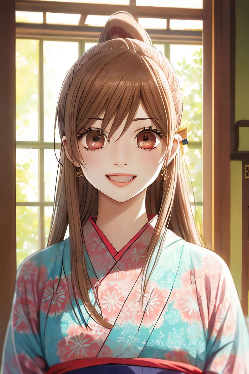 master piece, best quality, 8k, 超High resolution, highest quality, anime style, best writing, beautiful face, smile, open your mouth, smile, highest quality, High resolution, intricate details, highest quality, chromatic aberration, brown hair, ponytail, 1 girl, alone, kimono, kimono, seiza, whole body, long hair, thighs, long hair, hair ornaments, (face focus:1.3)