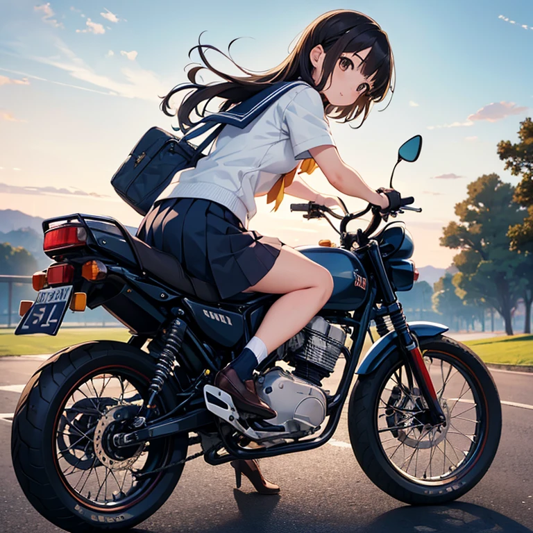 ((masterpiece,highest quality, High resolution)), 1 girl, alone,delivery bikeにまたがっている,High school girl,Super Cub,delivery bike,Honda,From the back,look back at me,sailor suit,pleated skirt,jet helmet,feet on the ground,country road,black hair,brown eyes,young face,Navy blue socks,brown loafers