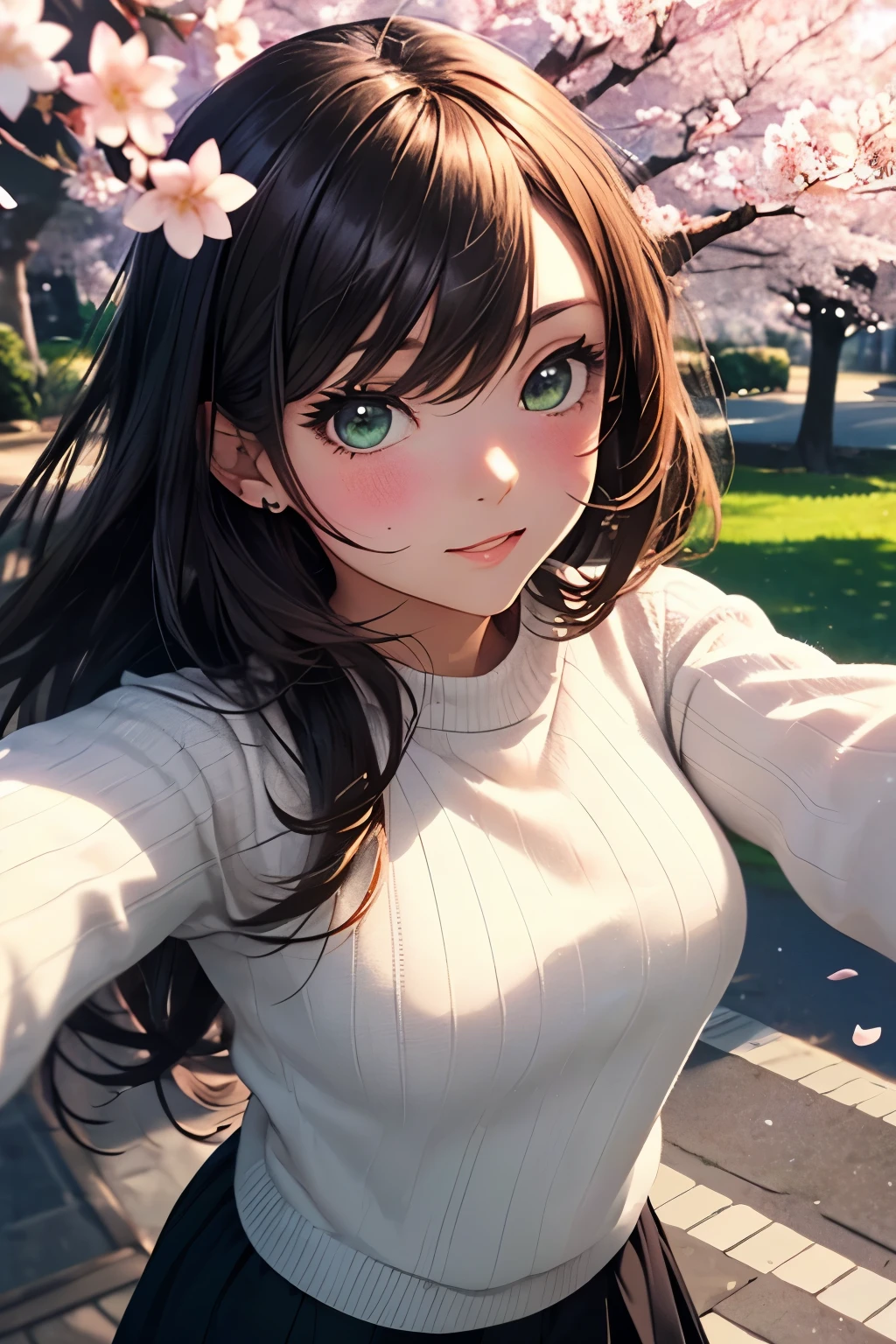 ((masutepiece, Best Quality, hight resolution, nffsw, Perfect Pixel, depth of fields, 4K, nffsw, nffsw))), 1girl in, Single, Solo, Beautiful anime girl, Beautiful Art Style, Anime Character, ((Long hair, Bangs, Brown hair)), ((Green eyes:1.4, rounded eyes, Beautiful eyelashes, Realistic eyes)), ((Detailed face, Blushing:1.2)), ((Smooth texture:0.75, Realistic texture:0.65, Photorealistic:1.1, Anime CG style)), ((medium breasts, busty)), Dynamic Angle, Perfect body, (((POV, Selfie Pose, Portrait))), ((White sweater, Long sleeve, Black skirt, Fashionable)), Smile, Open mouth, college campus, ((The cherry tree, Cherry blossoms fall))