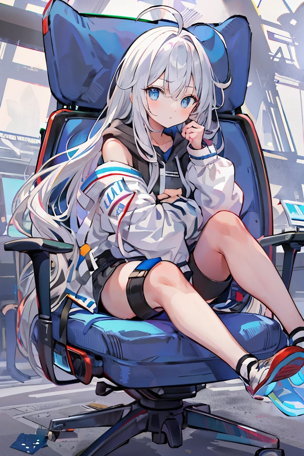 sitting on the chair, Perfect female body, 1 girls, 20 years old, long gray hair, white and silver hair, huge ahoge, ^ ^, medium chest circumference, bright skin, oversized clothes, hoodie, short shorts, black background Clothes, open air operations center,