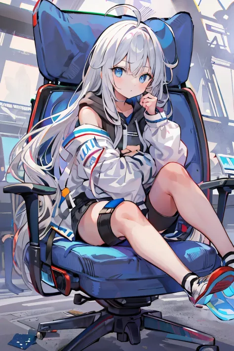 sitting on the chair, perfect female body, 1 girls, 20 years old, long gray hair, white and silver hair, huge ahoge, ^ ^, medium...