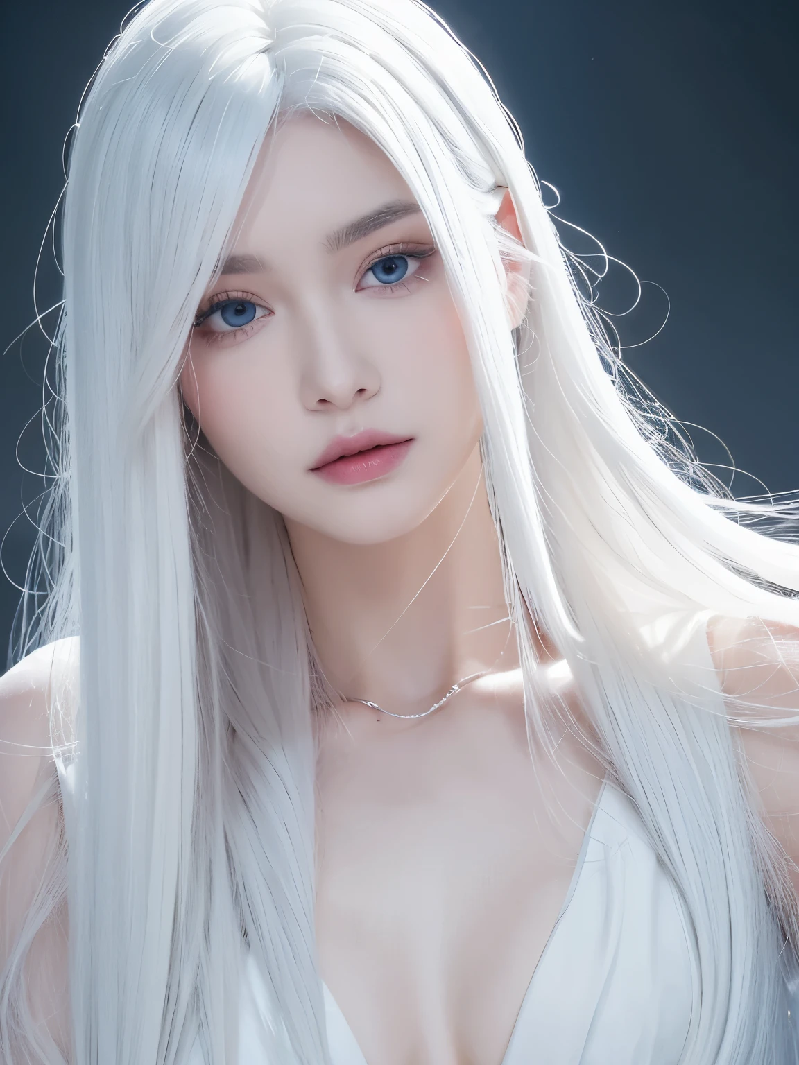 masterpiece, best quality, nearly perfect, (perfect face:1.1), (high detail:1.1), dramatic, (1 person), pale skin, (long pure white hair:1.4), white eyes, Otto Sepalainen, alone, long hair, white luxury suit, cover navel, snob, Albinism, Luminous Studio graphics engine, Pouting, Demonic Magician, Volumetric lighting, delicate eyes, (8k wallpaper masterpiece), Super detailed, intricate details, Absolutely pixel perfect, Rose, Fashion, side, looking at the audience, BalenciagaStyle