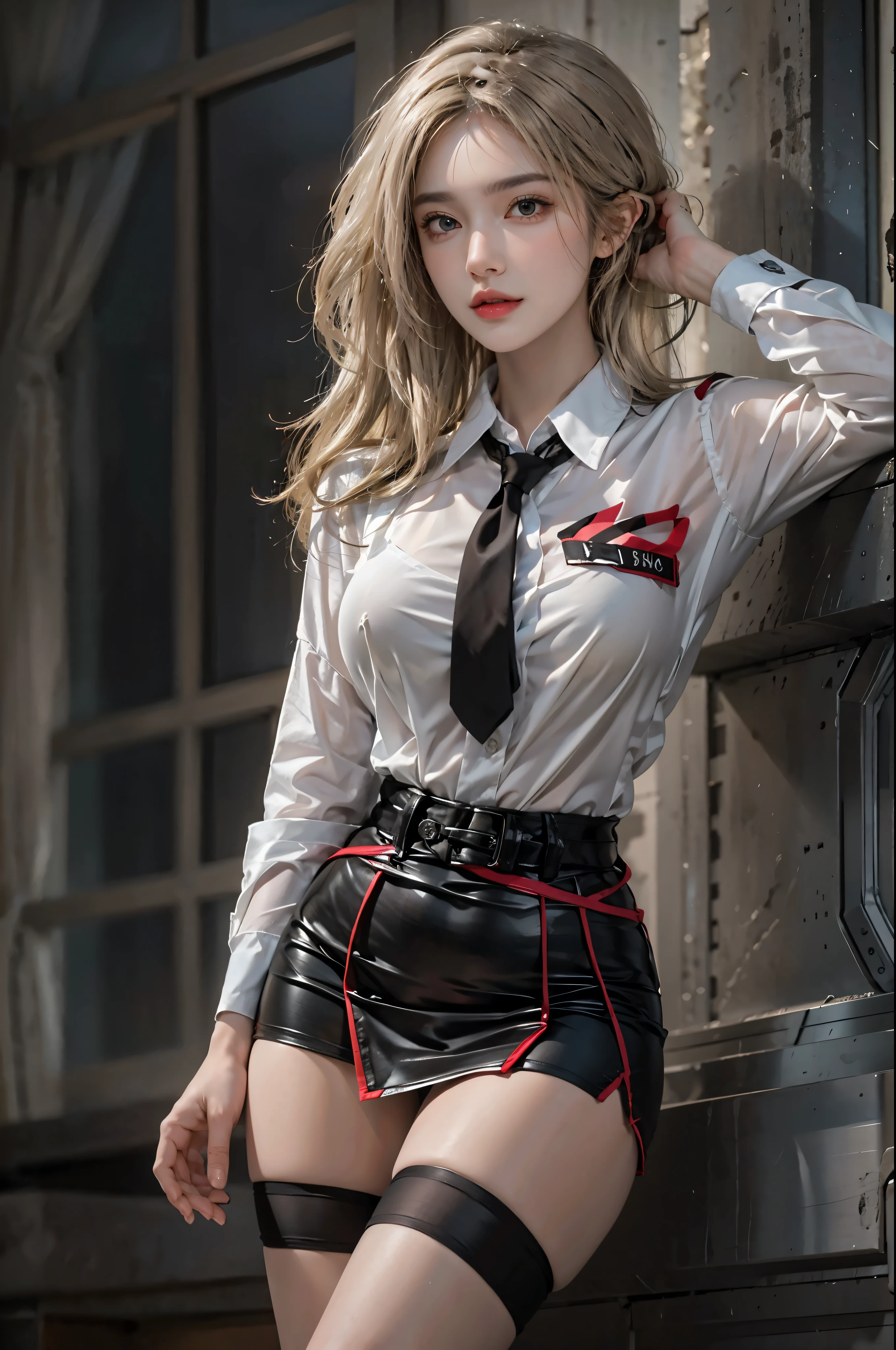 realistic, High resolution, soft light,1 female, alone, hip up, glowing skin, (detailed face),tattoo, jewelry, secretary clothes, white shirt, black skirt, black stockings, garter belt, night, blonde hair, wavy hair, Beautiful Soldier, Eyes that invite the viewer, spouse&#39;point of view, attractive appearance, sexy smile, perfect style, perfect balance, fine skin, naughty look, I can see your breasts