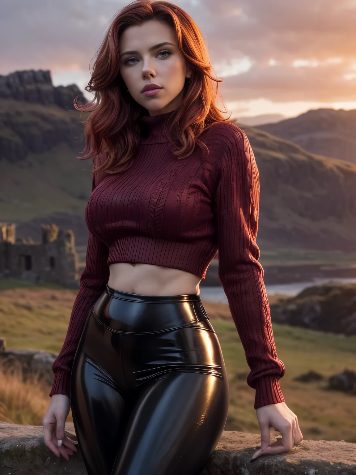 a gorgeous Scarlett Johansson, wavy crimson red hair in the wind. she's a men magazine model, She has a subtle smile and flirts with the camera, (she wears leather shirt), (with a long wool sweater and pvc leggings:1.2),background landscape of Scotland Loch and Scottish castle ruins, (in sunset light:1.2), 