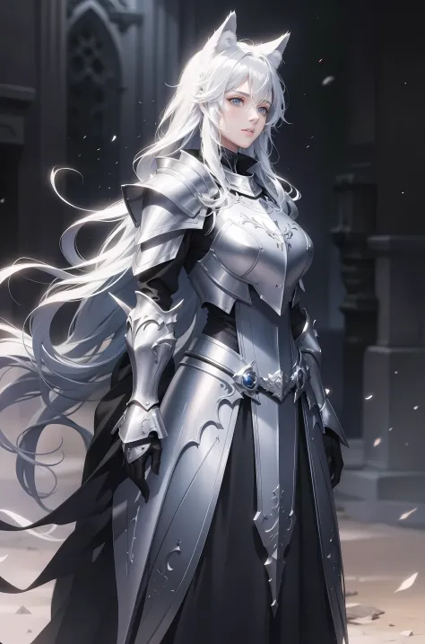 Wolf Knight, Fine armor, complex design, silver, silk, Cinema lighting, 4K, flowing hair, sharp