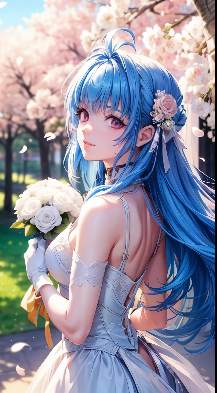 1 girl, 28 years old, bright blue hair, red eyes with Heart shaped pupils,, small breasts, master-piece, best quality, proportional body, proportional, Wedding Dresses, White Wedding Dress, Long skirt, wedding, Under the cherry blossom tree background, Cherry blossom petals are falling, outdoor, wedding, close-up of the upper body, The sky is beautiful, Both hands hold a bouquet of flowers, white gloves, Make eye contact with the camera, back figure, looking back, (light_Smile:1.5), (Detailed hands and fingers:1.2)