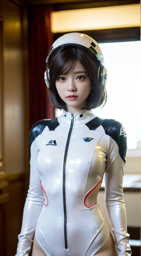 1 brunette beauty, (white) (one-piece tight latex suit), (spacesuit) ((spacehelmet))((white gloves), {{illustration}}, {extreme ...