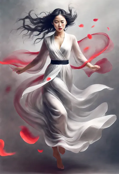 （Red art poster design），（whole body），（Amazing beautiful Chinese dancer dancing），（Put on a gauze skirt），（Fair and flawless skin），The bridge of the nose is high and straight，（Very long, long, long, Messy shawl hair：1.1），Close eyes and indulge in intoxication...