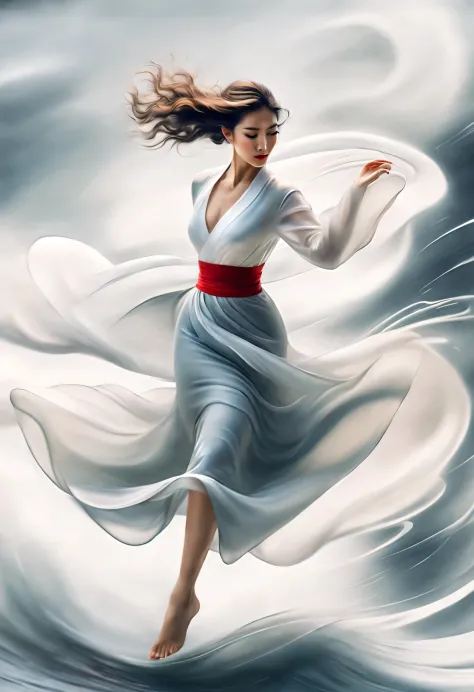（Red art poster design），（whole body），（Amazing beautiful Chinese dancer dancing），Put on a gauze skirt，Fair and flawless skin），The bridge of the nose is high and straight，（Thick long hair with messy shawl hair：1.1），Close eyes and indulge in intoxication，（ins...