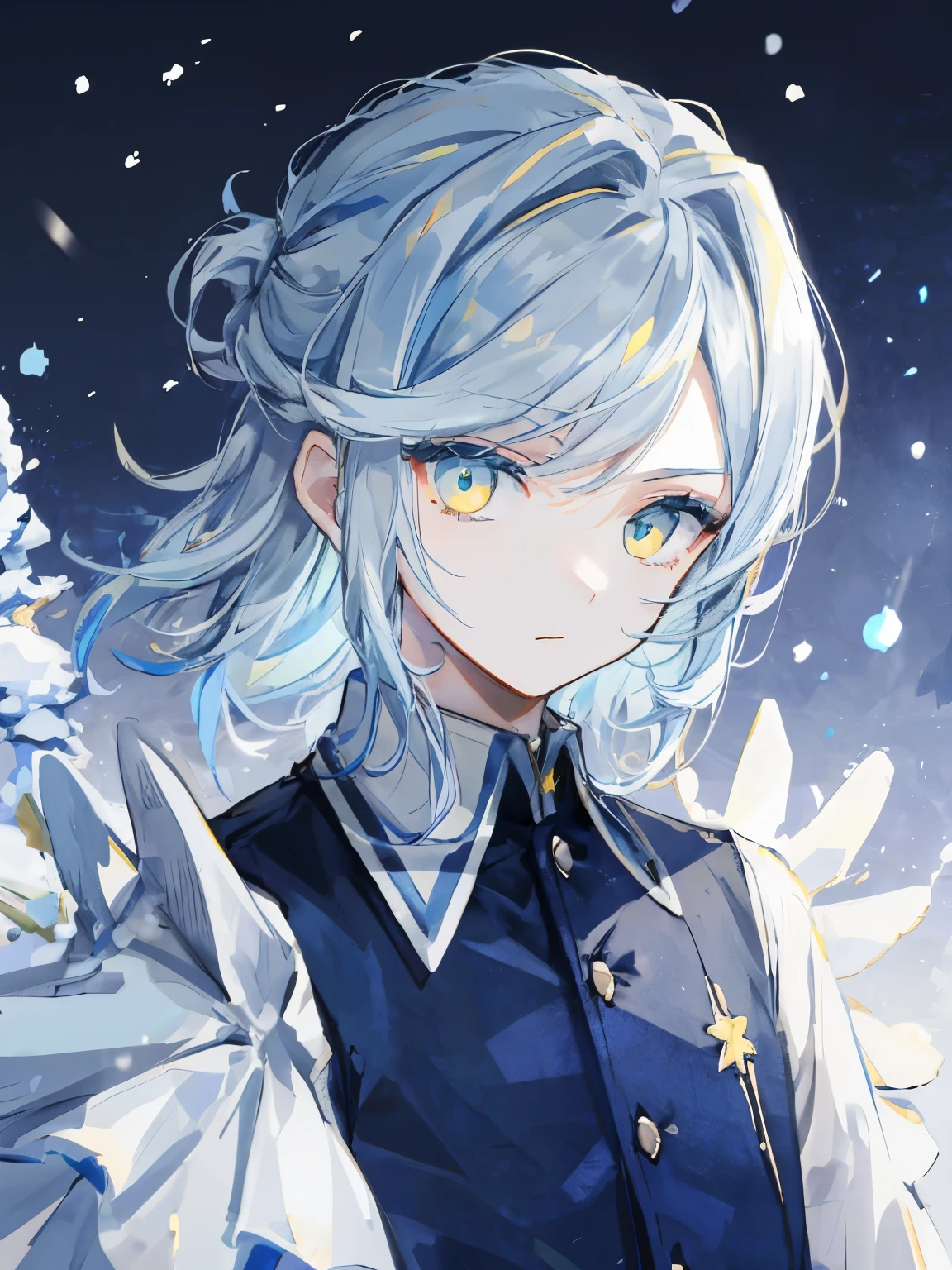 highest quality、table top、super detailed、perfect face、very detailed、very delicate、1 boy, (cute), Angel, light blue hair、half up、place々Blue Mesh、blue and yellow gradient eyes、Noble attire、black coat、Gray collared shirt、black pants、snow mountain、Snow blows