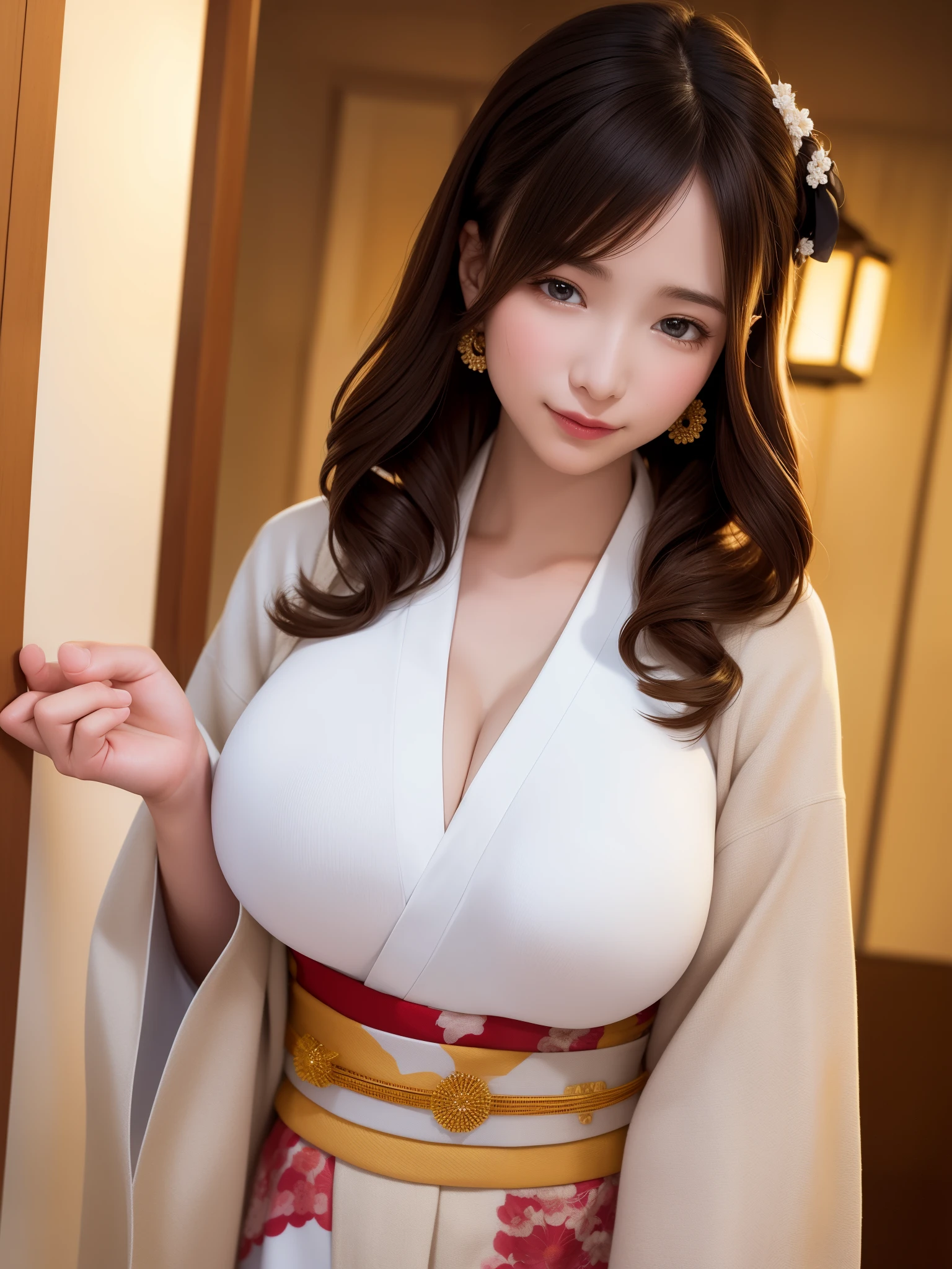 woman((30 years old)), hair(( Brown)), eye((smart eye, hazel)), Clothes((kimono, white)), hair bun, earrings, huge boobs, bouquet, white gloves, Japanese-style house, lanthanum, smile, cleavage, open your mouth,