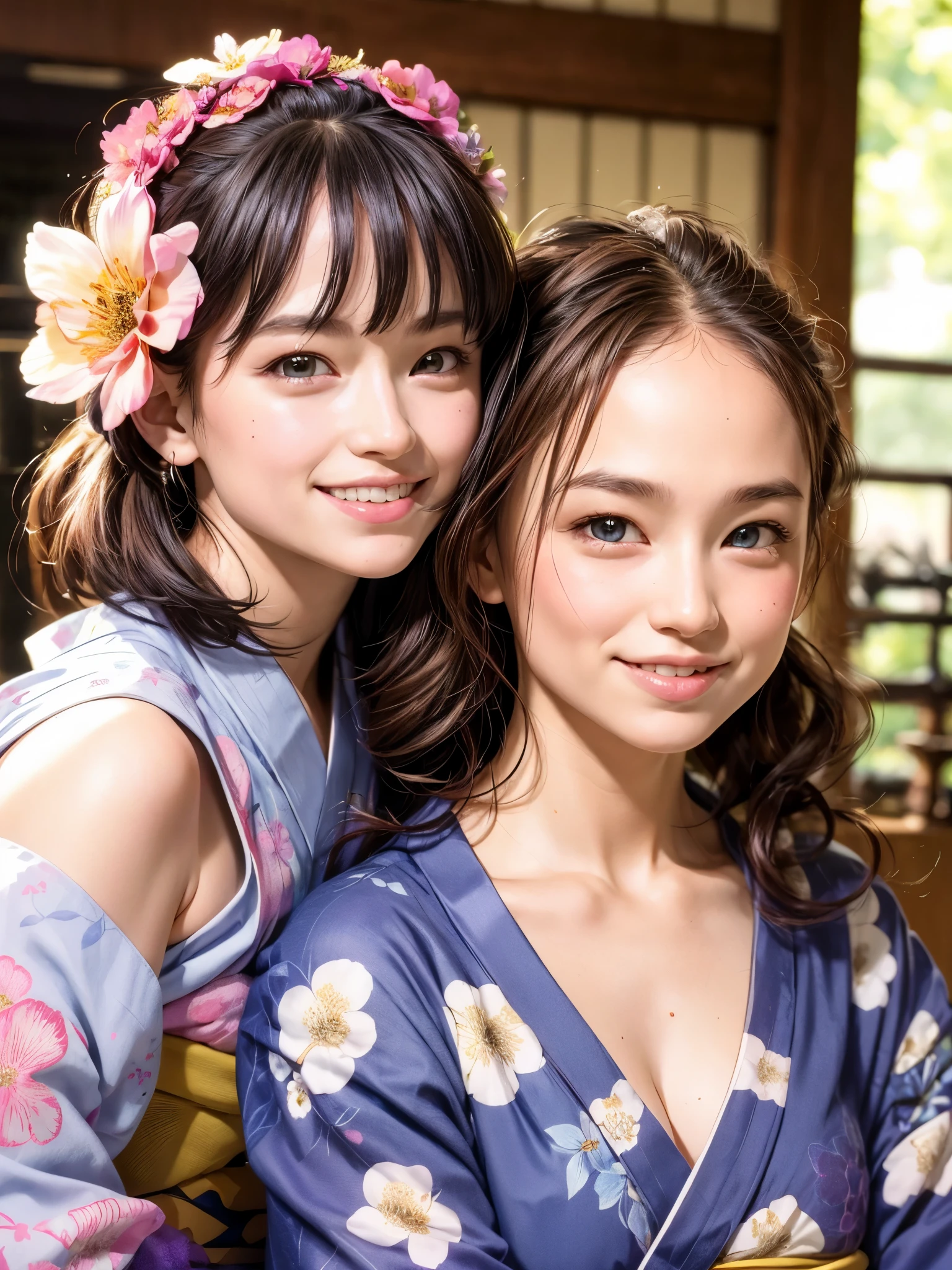 (1 young girl), very cute face, wonderful face and eyes, (highly detailed eyes, highly detailed face), Fresh, very beautiful appearance, (超realistic, High resolution), (highest quality:1.4), RAW photo, (realistic, Photoreal:1.37), professional photography, (floral pattern yukata:1.5), (Open yukata), (cleavage:1.2), (bare shoulders), smile a little, (look at me), Bedroom, girl portrait,